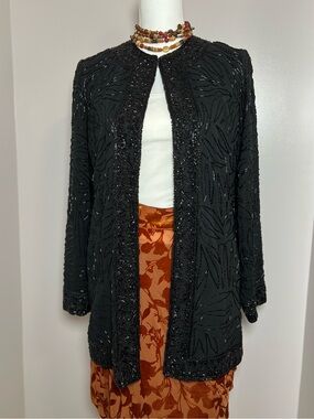 Vintage 80-90s Dark Boho Black Beaded Kimono Jacket Whimsigoth Festival 🐦‍⬛✨